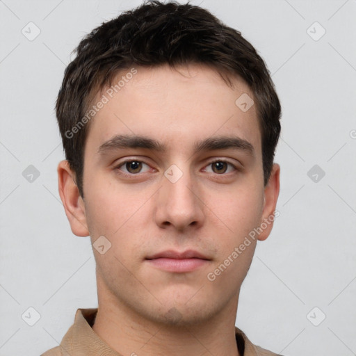 Neutral white young-adult male with short  brown hair and brown eyes