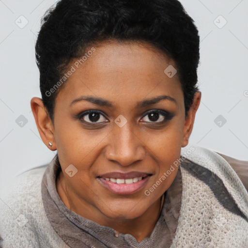 Joyful black young-adult female with short  brown hair and brown eyes