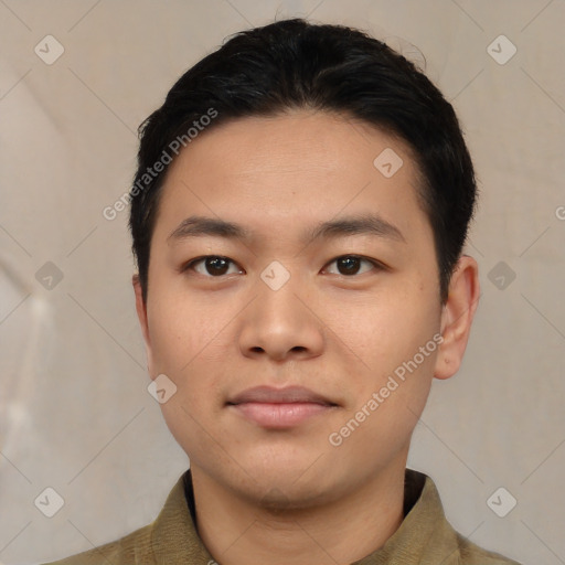 Neutral asian young-adult male with short  black hair and brown eyes