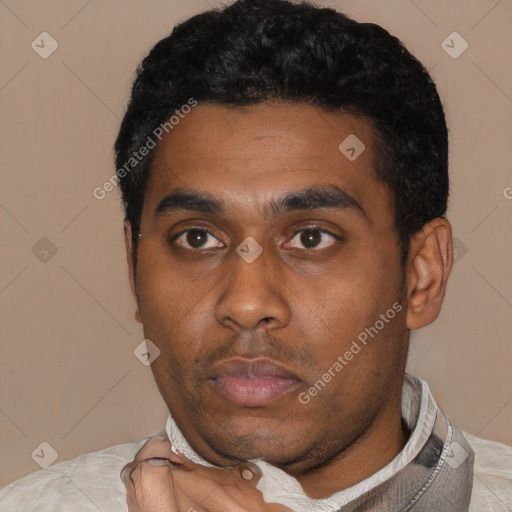 Neutral latino young-adult male with short  black hair and brown eyes