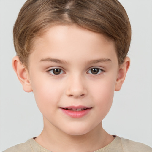 Joyful white child female with short  brown hair and brown eyes