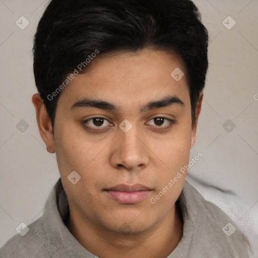 Neutral latino young-adult male with short  brown hair and brown eyes