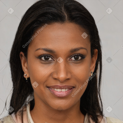 Joyful black young-adult female with medium  brown hair and brown eyes