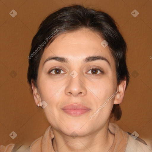 Joyful white adult female with medium  brown hair and brown eyes