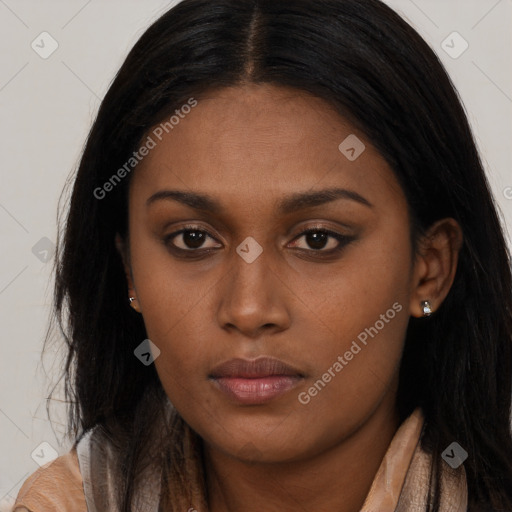 Neutral asian young-adult female with long  brown hair and brown eyes