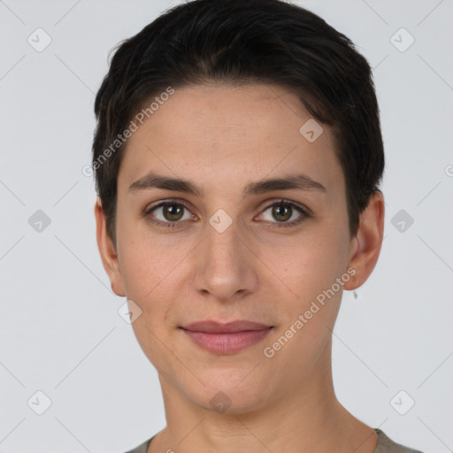 Joyful white young-adult female with short  brown hair and brown eyes