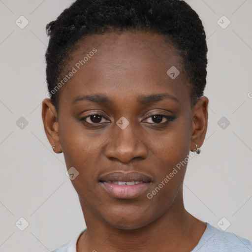 Neutral black young-adult female with short  black hair and brown eyes