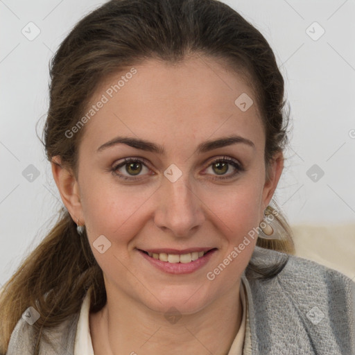 Joyful white young-adult female with medium  brown hair and grey eyes