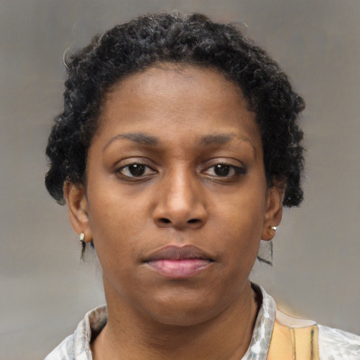 Neutral black young-adult female with short  brown hair and brown eyes
