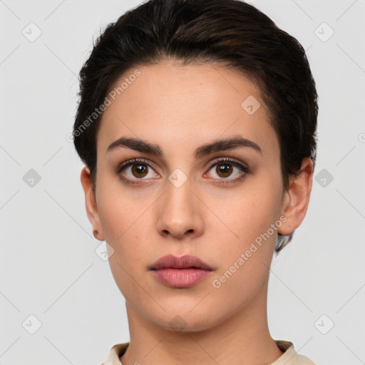 Neutral white young-adult female with short  brown hair and brown eyes