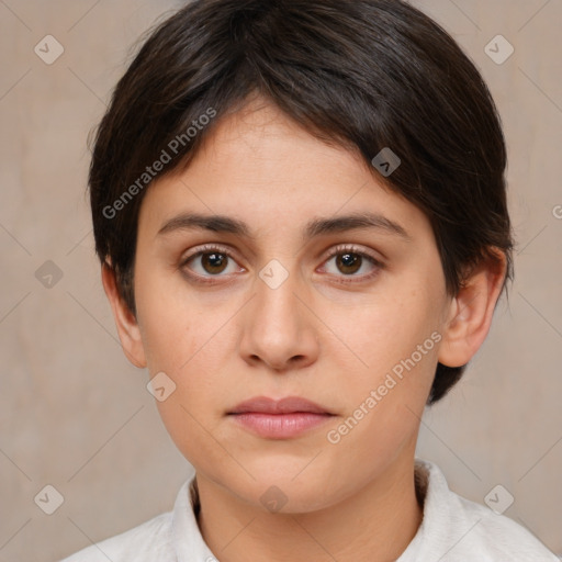 Neutral white young-adult female with medium  brown hair and brown eyes