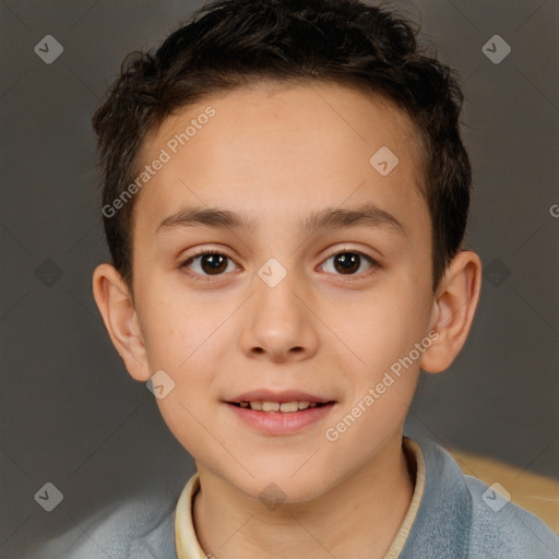 Joyful white child male with short  brown hair and brown eyes