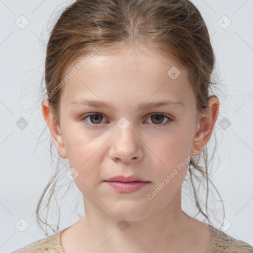 Joyful white child female with medium  brown hair and brown eyes