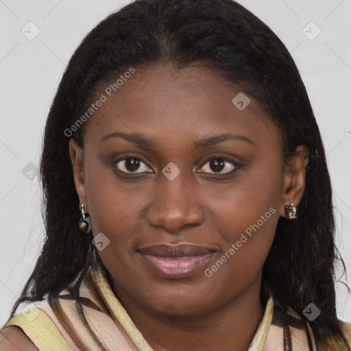 Joyful black young-adult female with medium  brown hair and brown eyes