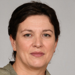 Joyful white adult female with medium  brown hair and grey eyes