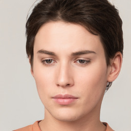 Neutral white young-adult female with short  brown hair and brown eyes