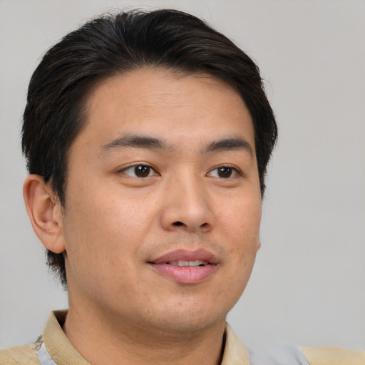 Neutral asian young-adult male with short  brown hair and brown eyes