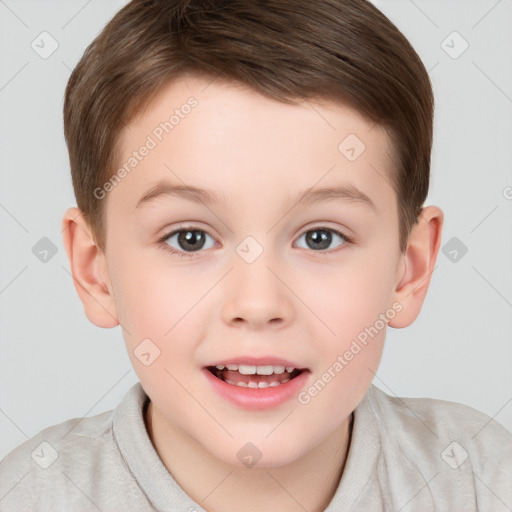 Joyful white child male with short  brown hair and brown eyes