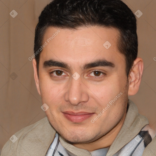 Joyful white young-adult male with short  brown hair and brown eyes