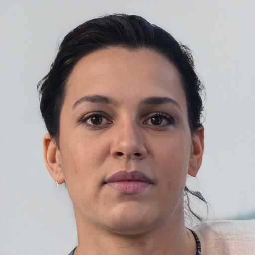 Neutral asian young-adult female with short  brown hair and brown eyes