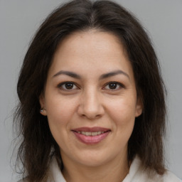 Joyful white adult female with medium  brown hair and brown eyes