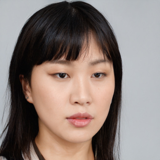 Neutral asian young-adult female with long  brown hair and brown eyes
