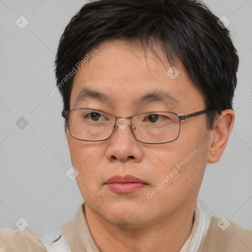 Neutral white adult male with short  brown hair and brown eyes