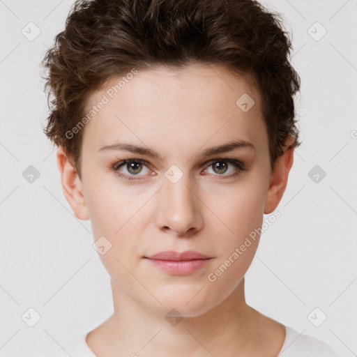 Neutral white young-adult female with short  brown hair and brown eyes