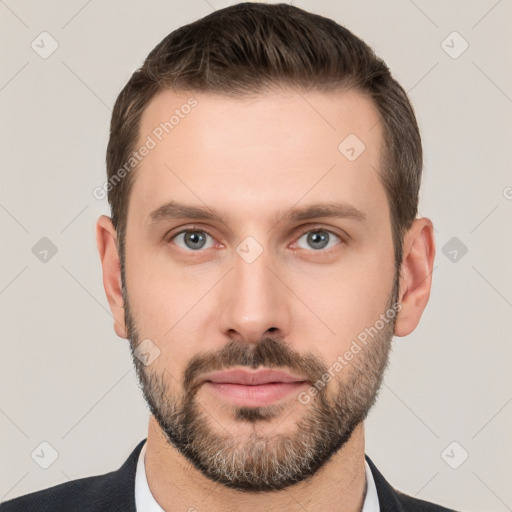 Neutral white young-adult male with short  brown hair and grey eyes