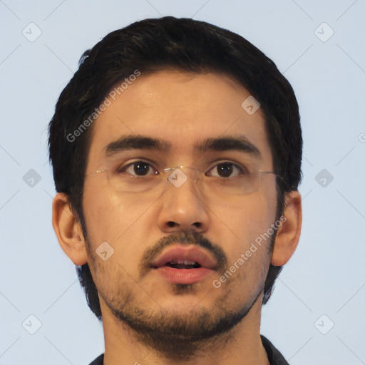 Neutral asian young-adult male with short  black hair and brown eyes