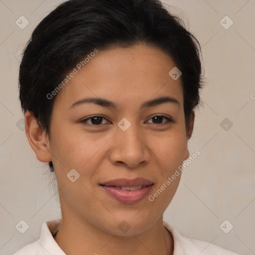 Joyful latino young-adult female with short  brown hair and brown eyes