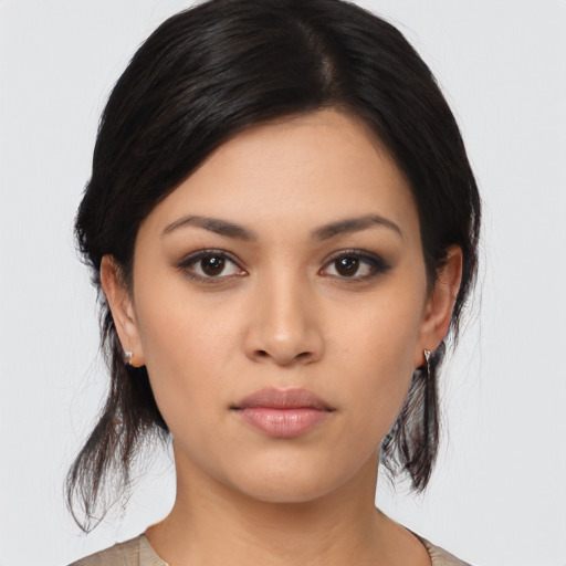 Neutral asian young-adult female with medium  black hair and brown eyes
