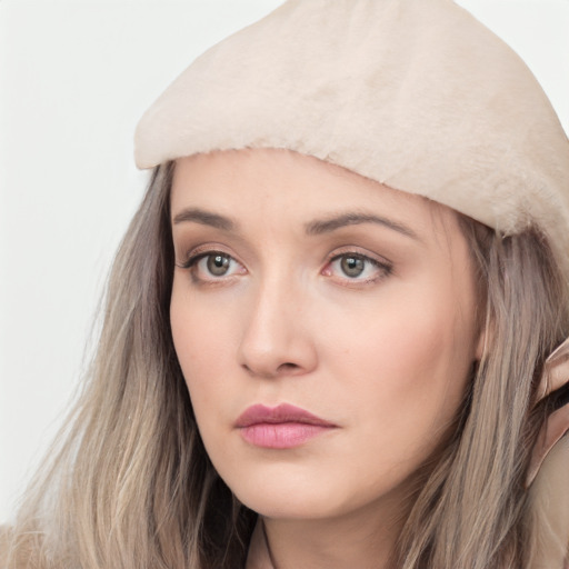 Neutral white young-adult female with long  brown hair and grey eyes