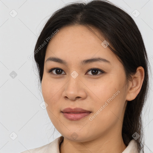 Joyful asian young-adult female with medium  brown hair and brown eyes