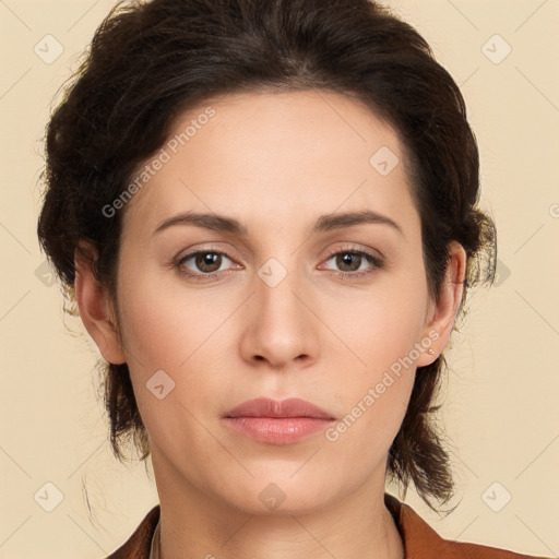 Neutral white young-adult female with medium  brown hair and brown eyes