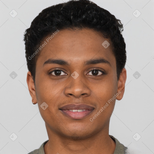 Joyful black young-adult male with short  black hair and brown eyes