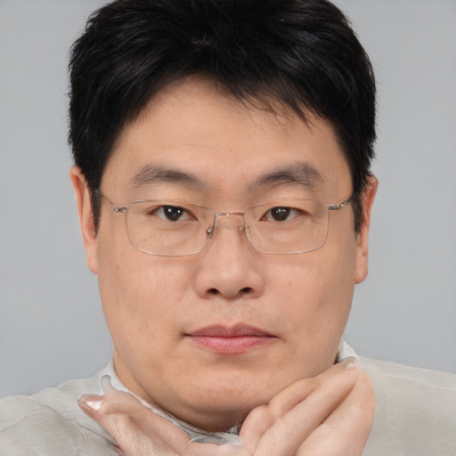 Neutral asian adult male with short  brown hair and brown eyes