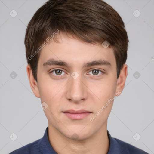 Neutral white young-adult male with short  brown hair and brown eyes