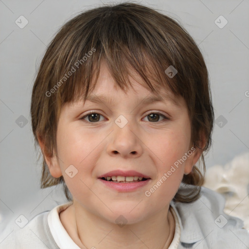 Joyful white child female with medium  brown hair and brown eyes