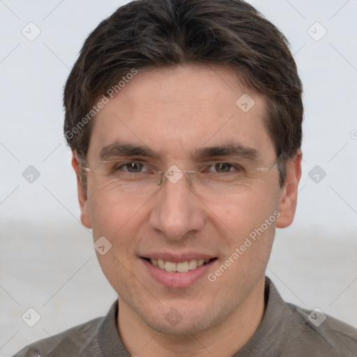 Joyful white adult male with short  brown hair and grey eyes