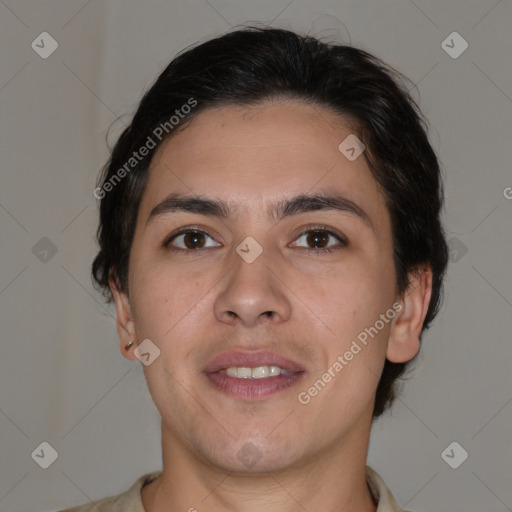 Joyful white young-adult male with medium  brown hair and brown eyes