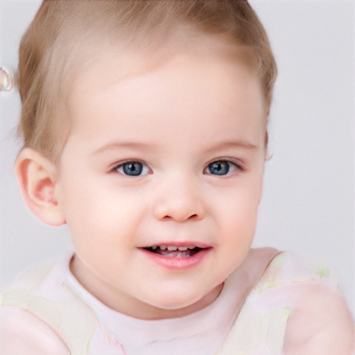 Joyful white child female with short  brown hair and blue eyes