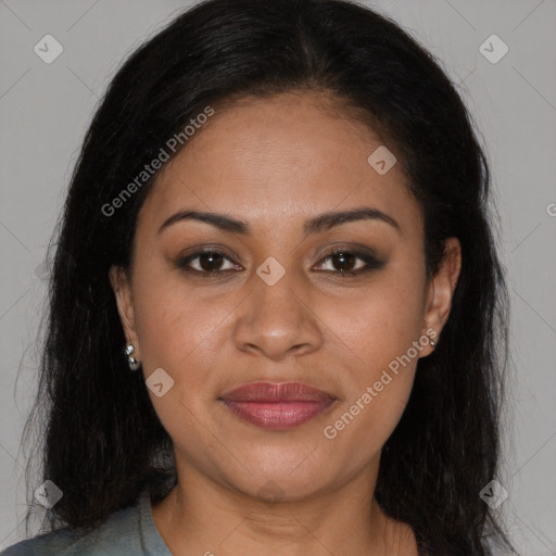 Joyful latino young-adult female with long  brown hair and brown eyes