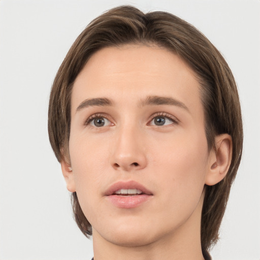 Neutral white young-adult female with medium  brown hair and brown eyes