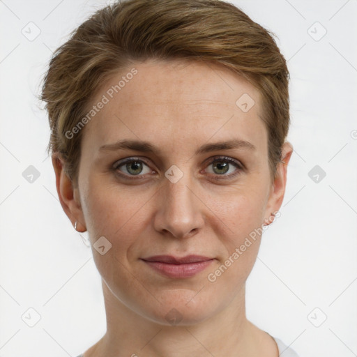 Joyful white young-adult female with short  brown hair and grey eyes