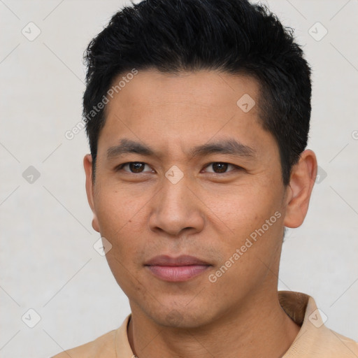 Neutral asian young-adult male with short  black hair and brown eyes