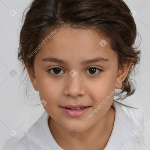 Joyful white child female with medium  brown hair and brown eyes