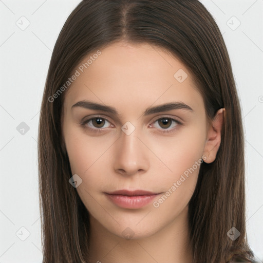 Neutral white young-adult female with long  brown hair and brown eyes