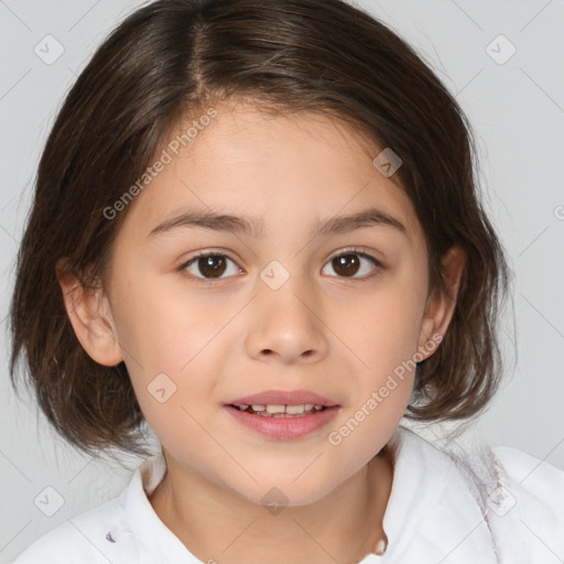 Joyful white child female with medium  brown hair and brown eyes