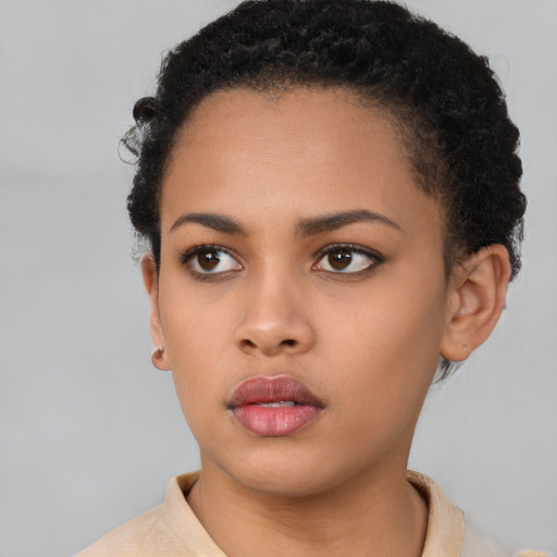 Neutral black young-adult female with short  brown hair and brown eyes